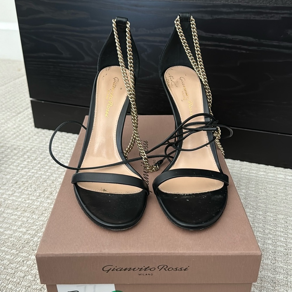 Gianvito Rossi Black Heeled Sandals with Chain Strap size 36.5